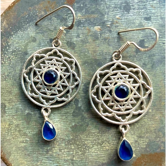 Silver 925 Blue Topaz Spiritual Mandala Dangle Drop 2” Pierced Earrings - Picture 8 of 8